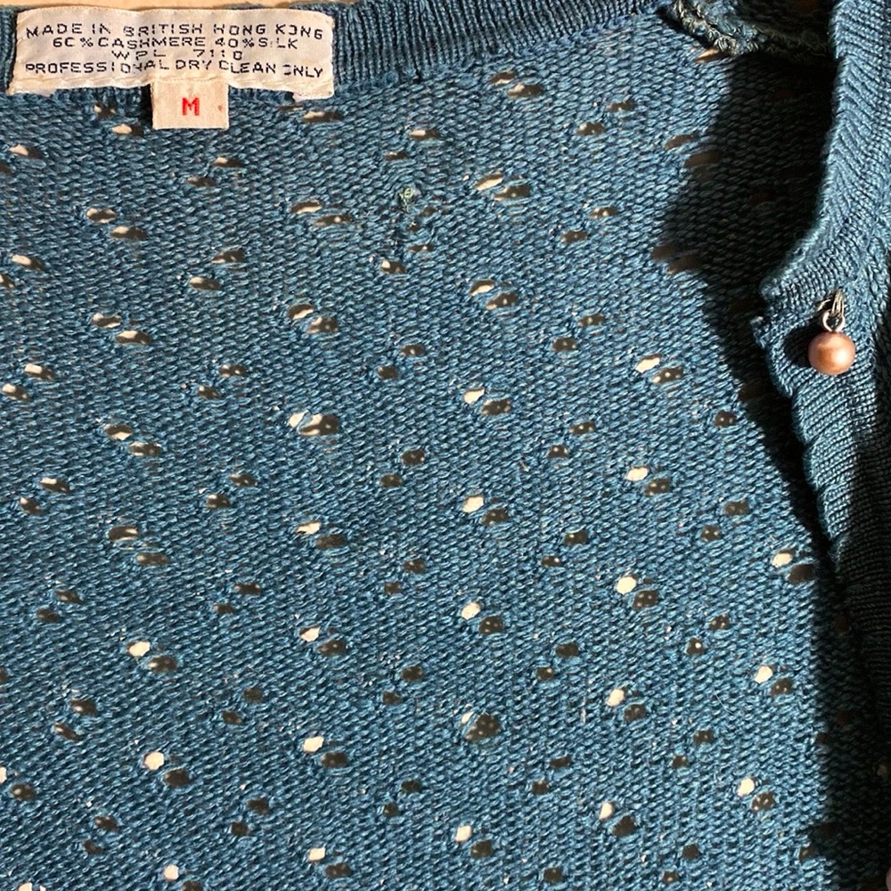 Vintage Cerulean Blue Eyelet Knit Cardigan - Picture 3 of 4